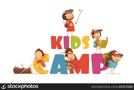 Camping kids concept with archery and map symbols cartoon vector illustration. Camping Kids Concept