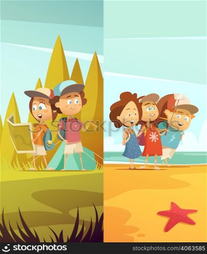 Camping kids vertical banners set with forest and beach symbols cartoon isolated vector illustration . Camping Kids Vertical Banners Set