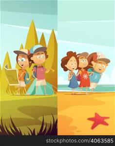 Camping kids vertical banners set with forest and beach symbols cartoon isolated vector illustration . Camping Kids Vertical Banners Set