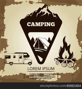 Camping label, bonfire and travel bus on vintage backdrop. Vector illustration. Camping label, bonfire and travel bus