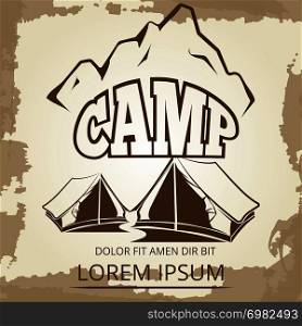 Camping label with tents and mountains on vintage background. Vector illustration. Camping label with tents and mountains on vintage background