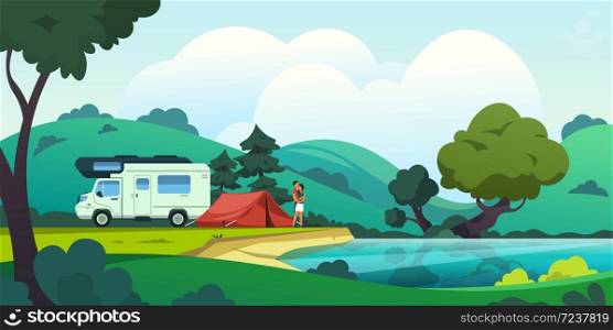 Camping landscape. Cartoon countryside with forest lake and camp, beautiful nature scene with a couple in love. Vector illustration summer vacation on blossoming nature background. Camping landscape. Cartoon countryside with forest lake and camp, beautiful nature scene. Vector summer vacation