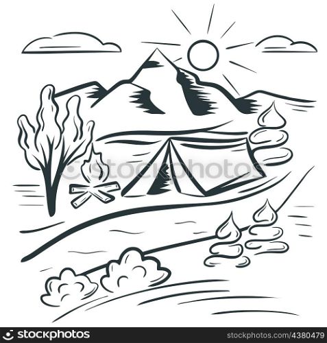Camping landscape with mountain sketch. Leisure with tents outdoors in highlands hand drawn vector illustration. Hiking. Camping landscape with mountain sketch