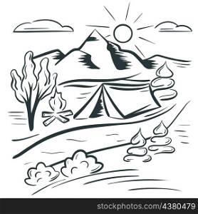 Camping landscape with mountain sketch. Leisure with tents outdoors in highlands hand drawn vector illustration. Hiking. Camping landscape with mountain sketch