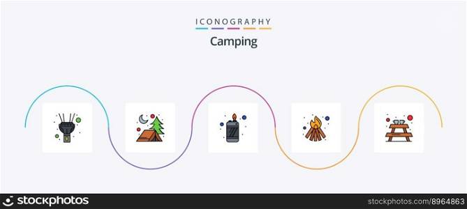 Camping Line Filled Flat 5 Icon Pack Including . lighter. furniture. bench