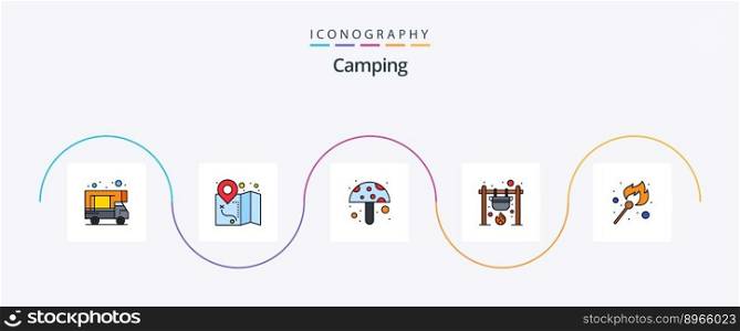 Camping Line Filled Flat 5 Icon Pack Including stick. flame. mushroom. fire. cook