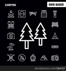 Camping Line Icon Pack For Designers And Developers. Icons Of Bench, Camping, Outdoor, Travel, Camping, Match, Outdoor, Fire, Vector