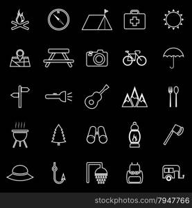 Camping line icons on black background, stock vector