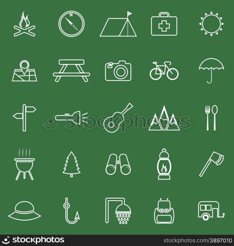 Camping line icons on green background, stock vector