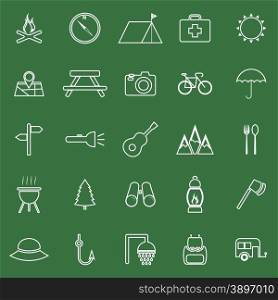 Camping line icons on green background, stock vector