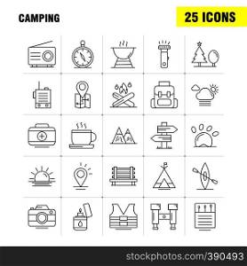 Camping Line Icons Set For Infographics, Mobile UX/UI Kit And Print Design. Include: Cloud, Sun, Weather, Tea, Cup, Coffee, Hot, Box, Icon Set - Vector