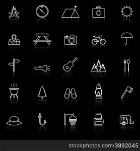 Camping line icons with reflect on black, stock vector