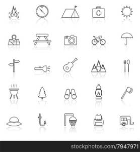 Camping line icons with reflect on white, stock vector