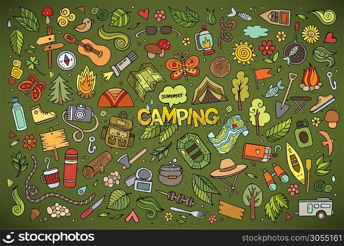Camping nature hand drawn vector symbols and objects. Camping nature symbols and objects