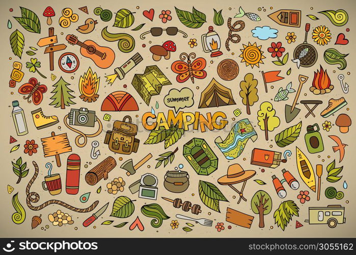 Camping nature hand drawn vector symbols and objects. Camping nature symbols and objects