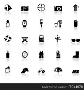 Camping necessary icons with reflect on white background, stock vector