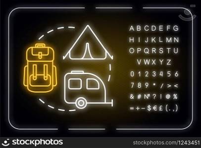Camping neon light concept icon. Outdoor recreation, backpacking, hiking idea. Budget tourism. Outer glowing sign with alphabet, numbers and symbols. Vector isolated RGB color illustration