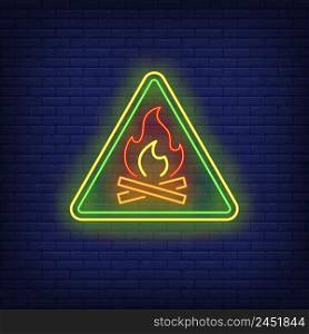 Camping neon sign. Triangle, fire, bonfire, campfire. Vector illustration in neon style for light banners and templates, trekking, hiking