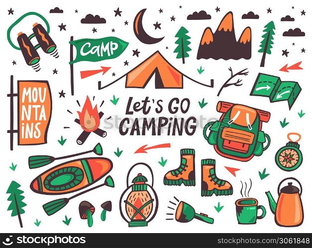 Camping outdoor elements. Summer camp, hiking recreation signs, kayak, backpack and tent, travel doodle equipment vector illustration icons set. Tourist tools binoculars, flashlight and compass. Camping outdoor elements. Summer camp, hiking recreation signs, kayak, backpack and tent, travel doodle equipment vector illustration icons set