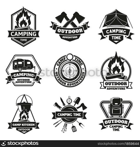 Camping outdoor emblems. Touristic hiking vintage outdoor adventure labels isolated vector illustration set. Outdoor camping equipment badges. Camp adventure outdoor emblems collection. Camping outdoor emblems. Touristic hiking vintage outdoor adventure labels isolated vector illustration set. Outdoor camping equipment badges