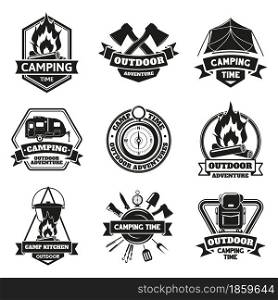 Camping outdoor emblems. Touristic hiking vintage outdoor adventure labels isolated vector illustration set. Outdoor camping equipment badges. Camp adventure outdoor emblems collection. Camping outdoor emblems. Touristic hiking vintage outdoor adventure labels isolated vector illustration set. Outdoor camping equipment badges