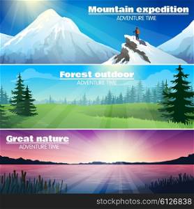 Camping Outdoor Nature Horizontal Banners Set . Camping travelling outdoor adventures 3 horizontal banners set with forest and snowy mountains landscape abstract illustration vector