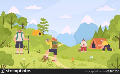 Camping people exploring forest, hiking and trekking. Vector outdoor active resting, illustration adventure in mountain. Camping people exploring forest, hiking and trekking