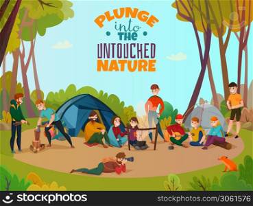 Camping people poster doodle style
