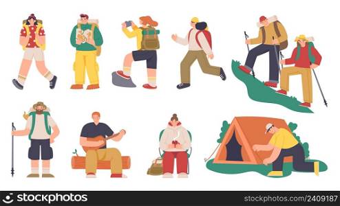 Camping people set. Characters with backpacks on travel and adventure, hiker and tourist cartoon persons. Vector set. Characters reading map, playing guitar, drinking tea, putting up tent. Camping people set. Characters with backpacks on travel and adventure, hiker and tourist cartoon persons. Vector set
