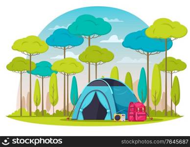 Camping place in woods composition with blue tent radio backpack cartoon vector illustration