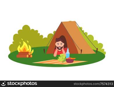 Camping place tent and man smiling sitting inside vector. Person relaxing vegetarian with bowl and fruits, broccoli and bottle of water burning bonfire. Camping Place Tent and Man Smiling Sitting Inside