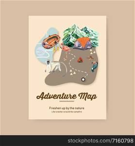 Camping poster design with boat, tent, mountain, firewood watercolor illustration