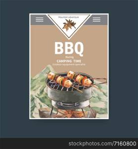 Camping poster design with grill stove, firewood, mountain watercolor illustration