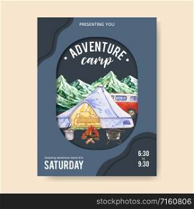 Camping poster design with tent, car, pot, grill stove watercolor illustration