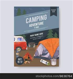 Camping poster design with tent van lantern grill Vector Image