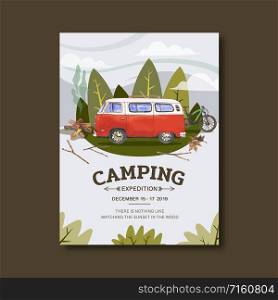 Camping poster design with van, bicycle, firewood watercolor illustration