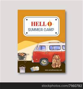 Camping poster design with van, grill stove, barbeque, pot watercolor illustration