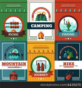 Camping Poster Set. Camping poster set with hiking fishing camping and mountain recreation advertising flat vector illustration