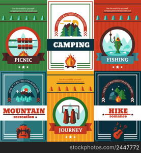 Camping poster set with hiking fishing camping and mountain recreation advertising flat vector illustration . Camping Poster Set