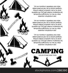 Camping poster with fire, axes, tent. Summer adventure banner design, vector illustration. Camping poster with fire, axes, tent