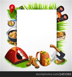Camping realistic frame with consisting of rectangle and elements of tourist equipment vector illustration. Camping Realistic Frame