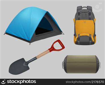 Camping realistic. Travel elements guitar tent backpack campfire decent vector illustrations collection isolated on white background. Summer tent and backpack for activity tourism and picnic. Camping realistic. Travel elements guitar tent backpack campfire decent vector illustrations collection isolated on white background