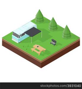Camping RV outdoor vacation isometric icon set. Camping RV outdoor vacation isometric icon set vector graphic illustration