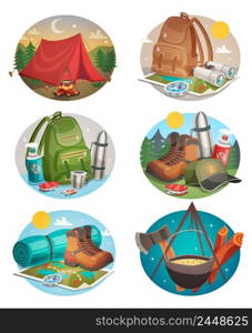 Camping set of round compositions with tent bonfire backpack and boots compass and map isolated vector illustration . Camping Round Compositions Set