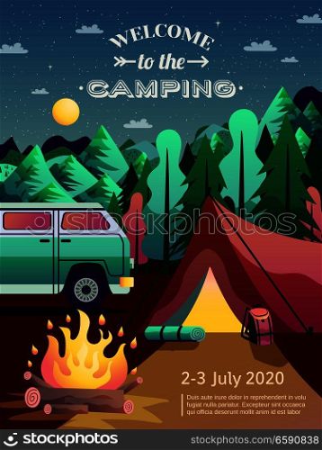 Camping site advertisement poster with recreational vehicle open fire tent in forest night sky abstract vector illustration . Camping Hiking Poster 