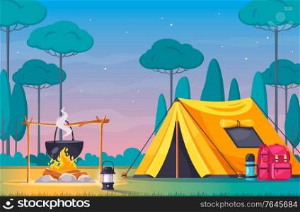 Camping site with tent fire and equipment cartoon composition vector illustration