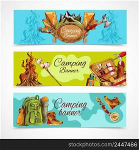 Camping sketch banner horizontal set with backpack hiking boots bonfire isolated vector illustration