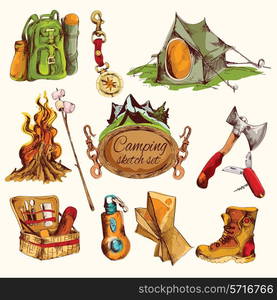 Camping sketch colored set with military boots axe knife compass isolated vector illustration