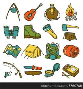 Camping sketch icon set with tent axe compass lantern isolated vector illustration
