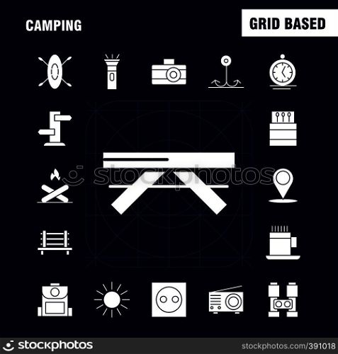 Camping Solid Glyph Icon Pack For Designers And Developers. Icons Of Bench, Camping, Outdoor, Travel, Camping, Match, Outdoor, Fire, Vector